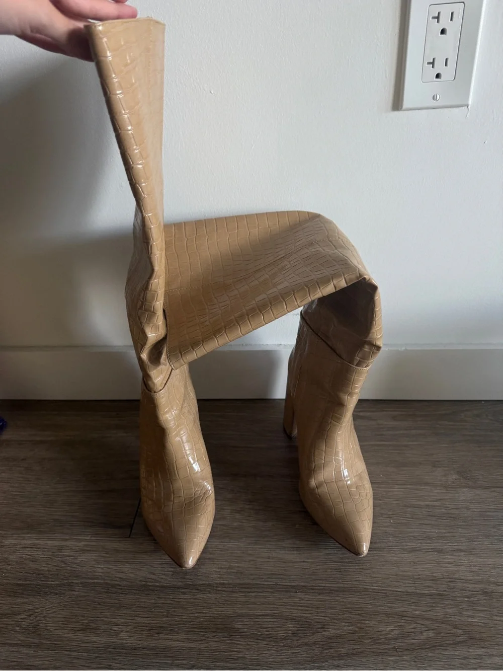Women's Knee-High Pointed-Toe Croc-Embossed Boots in Tan
